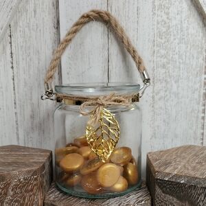 Glass Jar Vase with Twine Handle & Decorative Gold Glass Gems & Leaf Accent